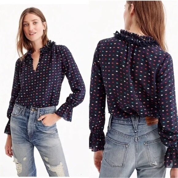J.Crew Ruffle-Neck Silk Top in Lips Print size 8 Tall Navy Blue 100% Silk - Picture 4 of 12